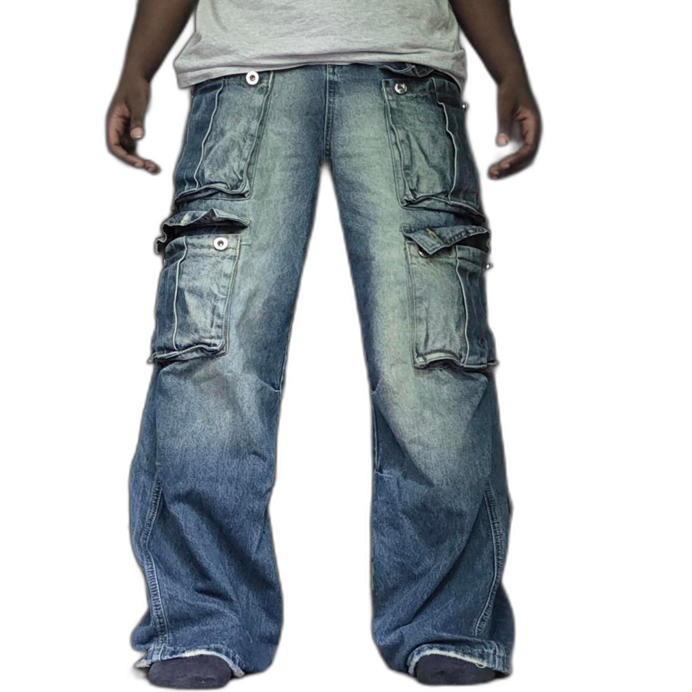 Y2K Baggy Multi Pocket Cargo Jeans Wide Leg Distressed Denim